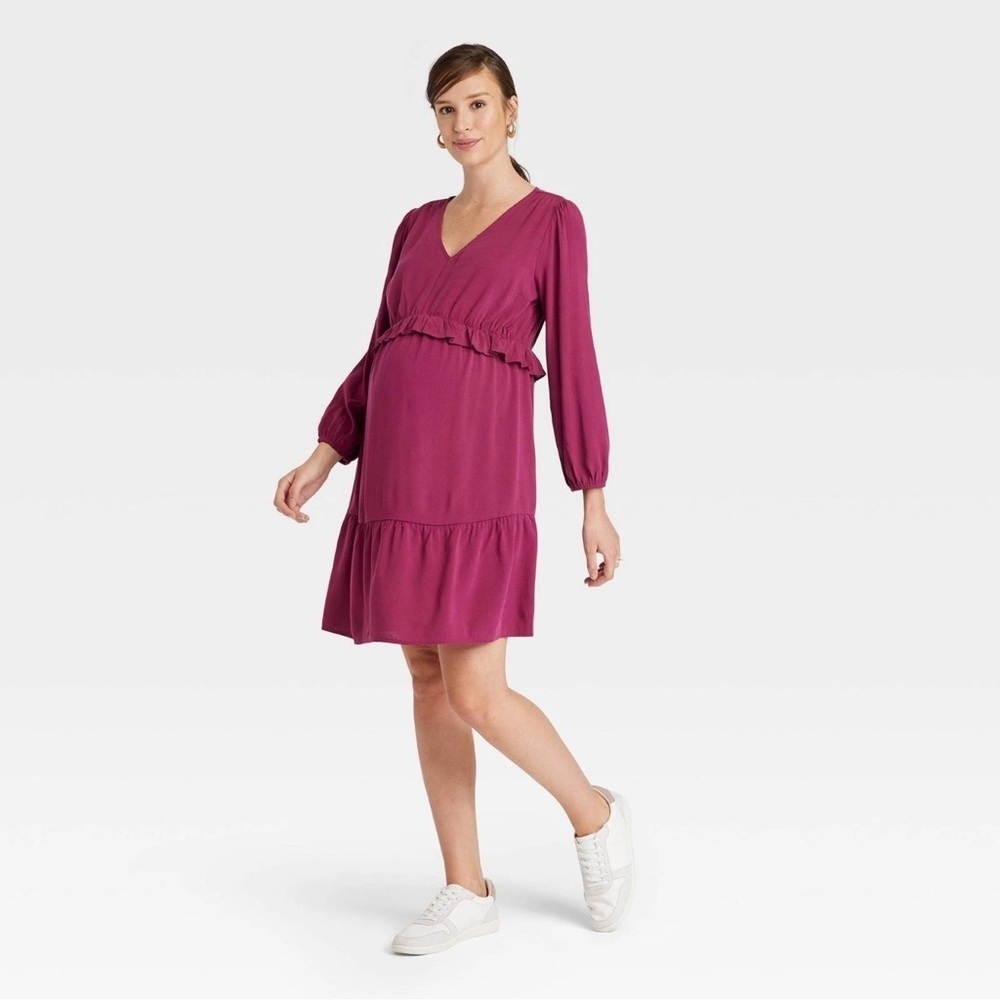 Isabel Maternity Long Sleeve Ruffle Waist Woven Maternity Dress Cherry Pink L